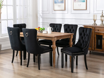 Set of 6 Lux Velvet Kitchen Dining Chairs with Pull Knocker Ring Back Black Home Office Bedroom Chairs