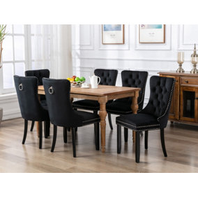 Set of 6 Lux Velvet Kitchen Dining Chairs with Pull Knocker Ring Back Black Home Office Bedroom Chairs