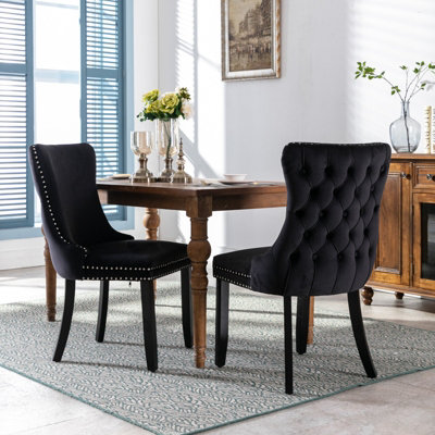 Set of 6 Lux Velvet Tufted Kitchen Dining Chairs with Wooden Legs, High Back Office Bedroom Chairs Black