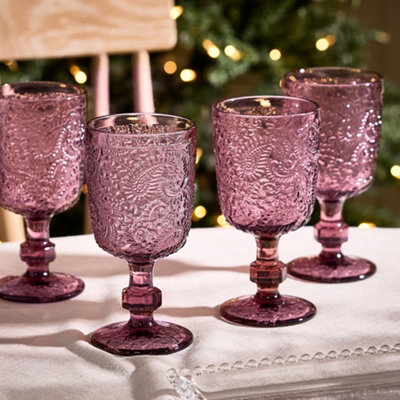 Set of 6 Luxury Bright Pink Drinking Glass Spring Summer Wine Goblets 300ml