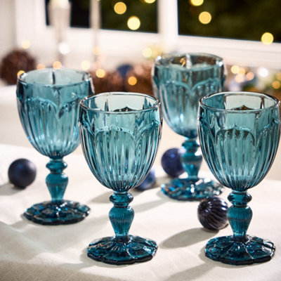 Set of 6 Luxury Embossed Blue Drinking Glass Spring Summer Wine Goblets ...