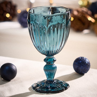 Set of 6 Luxury Embossed Blue Drinking Glass Spring Summer Wine Goblets ...
