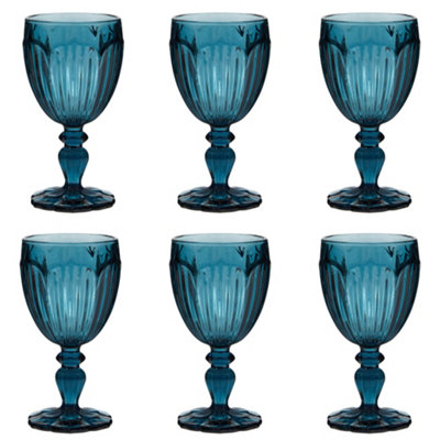 Set of 6 Luxury Embossed Blue Drinking Wine Glass Wine Goblets 280ml