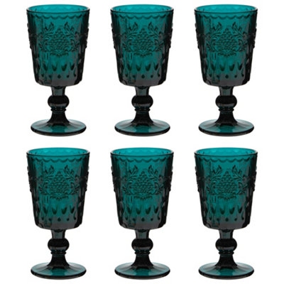 Set of 6 Luxury Embossed Dark Green Drinking Wine Glass Wine Goblets 290ml