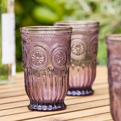 Set of 6 Luxury Embossed Spring Summer Purple Tall Drinking Glass Tumblers  330ml