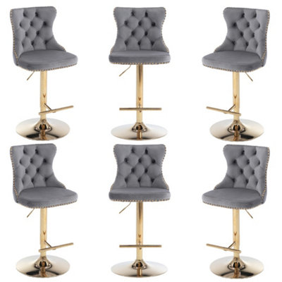 SET OF 6 LUXURY GREY VELVET ADJUSTABLE SWIVEL BAR STOOLS WITH GOLD BASE