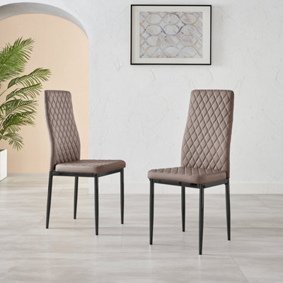 Set of 6 Milan Cappuccino Beige High Back Soft Touch Diamond Pattern Faux Leather Black Powder Coated Metal Leg Dining Chairs