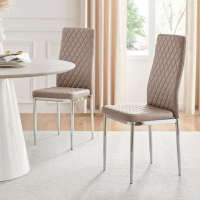 Set of 6 Milan Cappuccino Beige High Back Soft Touch Diamond Pattern Faux Leather Chromed Metal
