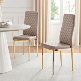 Set of 6 Milan Cappuccino Beige High Back Soft Touch Diamond Pattern Faux Leather Golden Chrome Metal Leg Dining Chairs