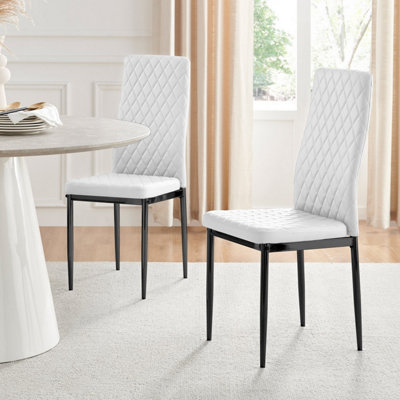 Set of 6 Milan White High Back Soft Touch Diamond Pattern Faux Leather Black Powder Coated Metal Leg Dining Chairs