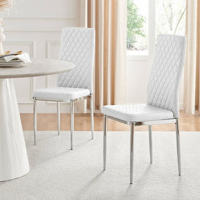 Set of 6 Milan White High Back Soft Touch Diamond Pattern Faux Leather Chromed Metal Leg Dining Chairs