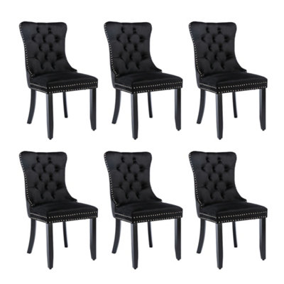 Set of 6 Modern Velvet Dining Chairs, Button Tufted with Solid Wood Legs and Knocker Ring for Dining or Living Room (Black)