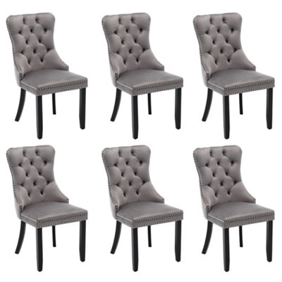 Set of 6 Modern Velvet Dining Chairs, Button Tufted with Solid Wood Legs and Knocker Ring for Dining or Living Room (Grey)