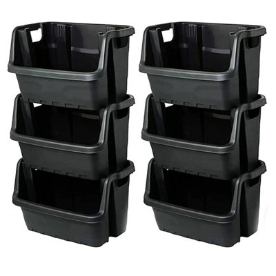 Set of 6 Open Fronted Black Plastic Crates Heavy Duty Stackable Storage Boxes