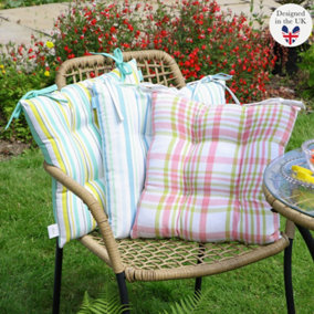 Set of 6 Pastel Plaid Tenby and Citrus Striped Garden Chair Pads 40cm L x 40cm W