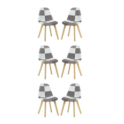 Set of 6 Patchwork Fabric Dining Chairs Upholstered Dining Room Chair, Black/White