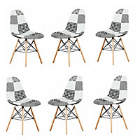 Set of 6 Patchwork Fabric Dining Chairs Upholstered Dining Room Chair, Black/White