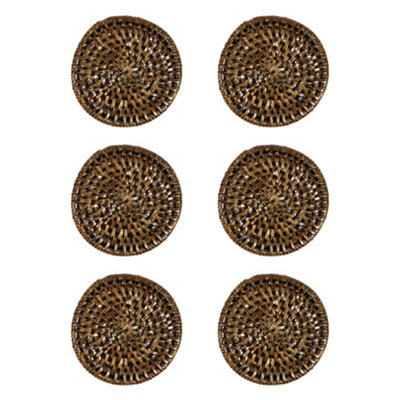 Set of 6 Premium Brown Rattan Dining Table Coasters with Holder