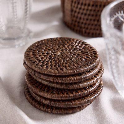 Set of 6 Premium Brown Rattan Dining Table Coasters with Holder