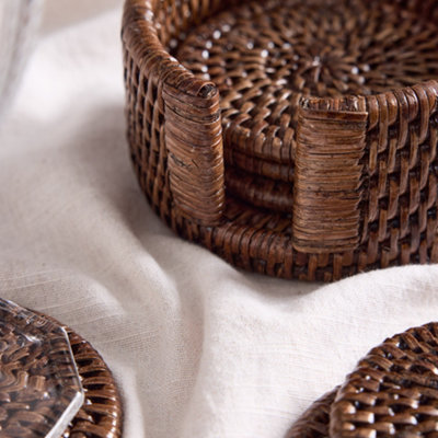 Set of 6 Premium Brown Rattan Dining Table Coasters with Holder