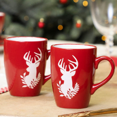 Set of 6 Red Stag Stoneware Mugs
