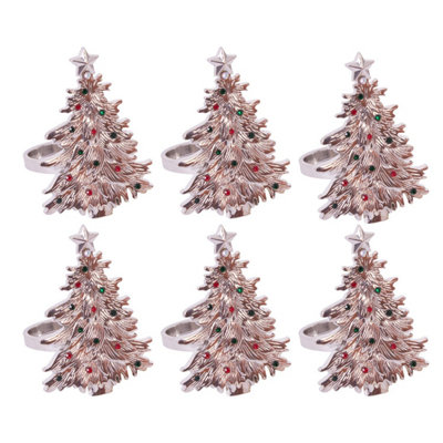 Set Of 6 Silver Gem Christmas Tree Napkin Ring Xmas Tableware Festive Dinner Lunch Decoration Serviette Holder