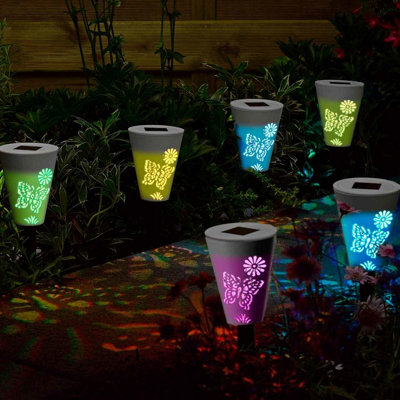 Set of 6 Solar Powered Silhouette Butterfly Stake Lights - Weatherproof Outdoor Garden LED Pathway Lighting - H35 x 7.5cm Diameter
