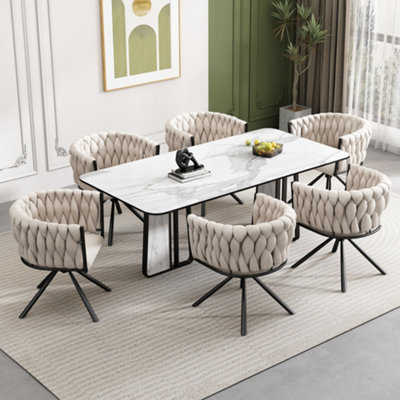 Set of 6 Velvet Swivel Dining Chairs with Metal Legs Beige