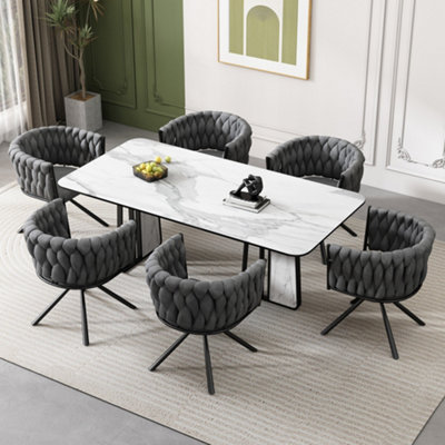 Set of 6 Velvet Swivel Dining Chairs with Metal Legs Grey