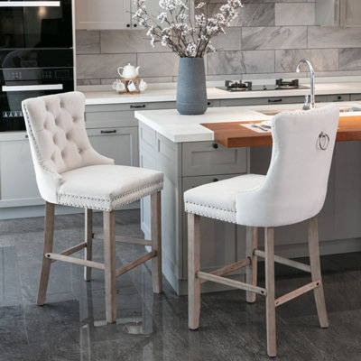 Set of 6 Velvet Upholstered Bar Stools, Kitchen Breakfast Barstools with Wooden Legs Bar Chairs for Counter Beige