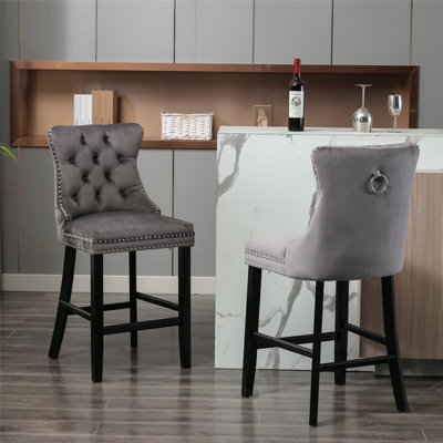 Set of 6 Velvet Upholstered Bar Stools Kitchen Breakfast Barstools with Wooden Legs Bar Chairs for Counter Grey