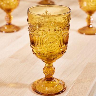 Set of 6 Vintage Amber Embossed Drinking Wine Glass Goblets