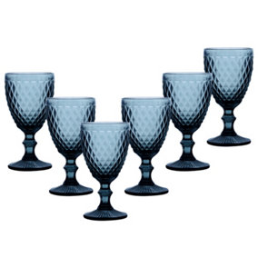 Set of 6 Vintage Blue Embossed Diamond Drinking Wine Glass Goblets