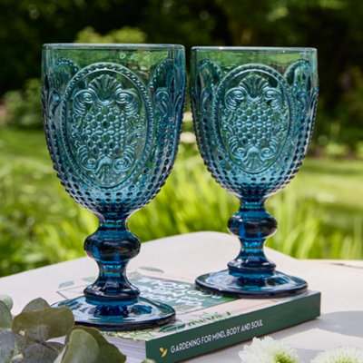 Set of 6 Vintage Blue Embossed Drinking Wine Glass Goblets Father's Day Gifts Ideas