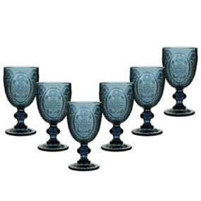 Set of 6 Vintage Blue Embossed Drinking Wine Glass Goblets