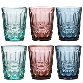 Set of 6 Vintage Blue, Green & Pink Drinking Tumbler Whisky Glasses Wedding Decorations Ideas