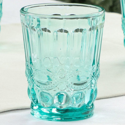 Set of 6 Vintage Blue, Green & Pink Drinking Tumbler Whisky Glasses Wedding Decorations Ideas