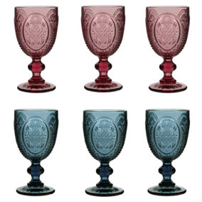 Set of 6 Vintage Blue & Pink Drinking Wine Glass Goblets