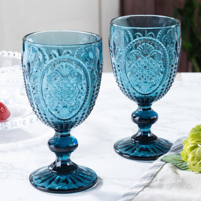 Set of 6 Vintage Blue & Pink Drinking Wine Glass Goblets