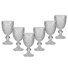 Set of 6 Vintage Clear Embossed Drinking Goblet Wine Glasses
