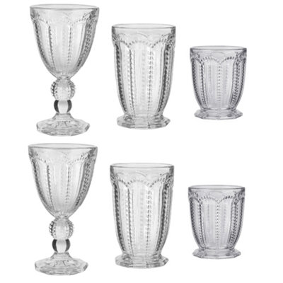 Set of 6 Vintage Drinking Clear Embossed Wine Glass Goblets, Tall & Short Tumbler Whisky Glasses Father's Day Gifts Ideas
