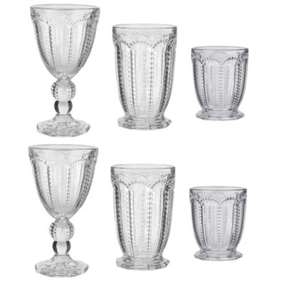 Set of 6 Vintage Drinking Clear Embossed Wine Glass Goblets, Tall & Short Tumbler Whisky Glasses Wedding Decorations Ideas