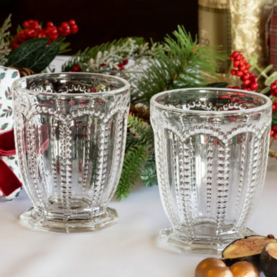 Set of 6 Vintage Drinking Clear Embossed Wine Glass Goblets, Tall & Short Tumbler Whisky Glasses Wedding Decorations Ideas