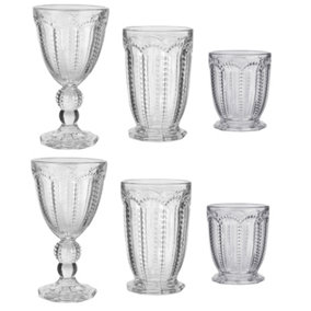 Set of 6 Vintage Drinking Clear Embossed Wine Glass Goblets, Tall & Short Tumbler Whisky Glasses