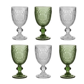 Set of 6 Vintage Green & Clear Drinking Wine Glass Goblets