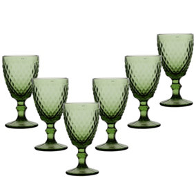 Set of 6 Vintage Green Embossed Diamond Drinking Wine Glass Goblets