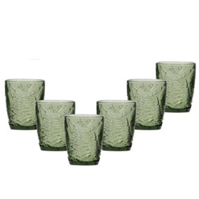 Set of 6 Vintage Green Leaf Embossed Drinking Glass Tumblers