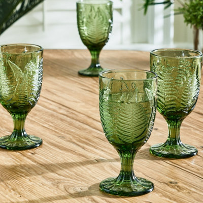 Set of 6 Vintage Green Leaf Embossed Drinking Wine Glass Goblets