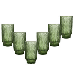 Set of 6 Vintage Green Trailing Leaf Drinking Tall Tumbler Glasses