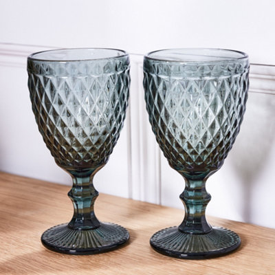Set of 6 Vintage Grey Diamond Embossed Drinking Wine Glass Goblets Father's Day Wedding Decorations Ideas